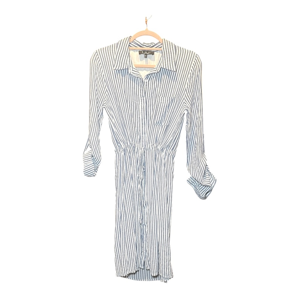LULU’S Striped Blue Button Up Shirt Dress with Drawstring Tie Waist M
